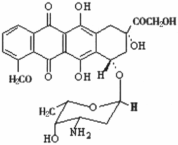 盐酸多柔比星,有称阿霉素,是光谱抗肿瘤药物,气化学结构如下